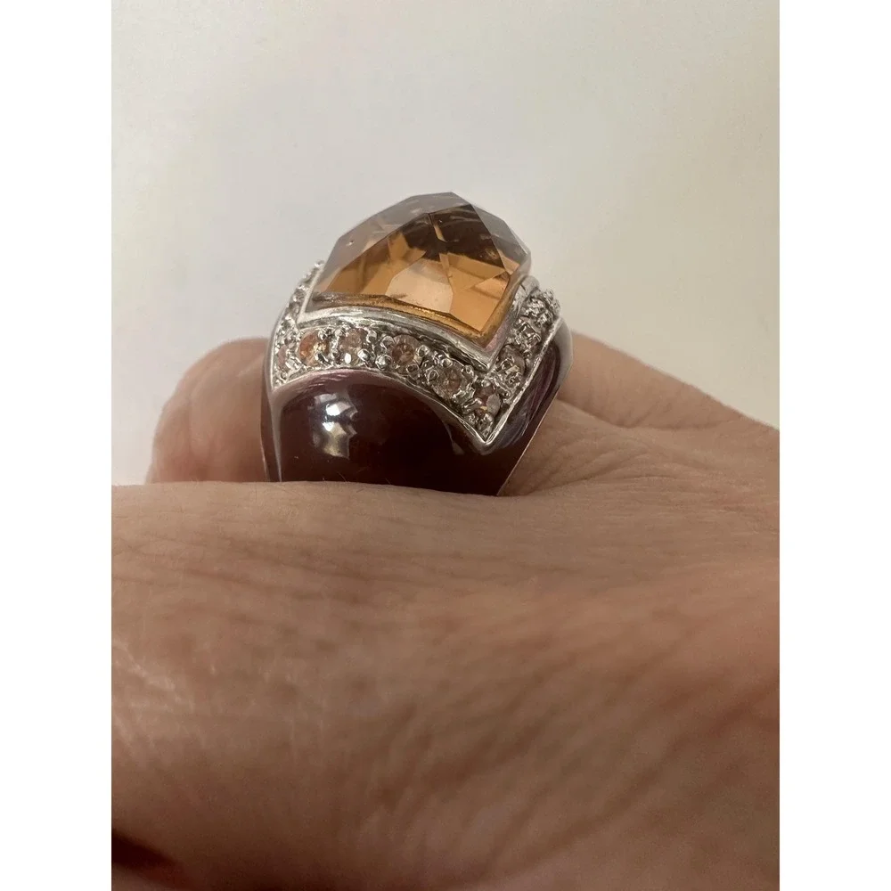 Brown Resin Dome Cocktail Ring Sz 7 Topaz Rhinestone Silver Tone Statement Rare